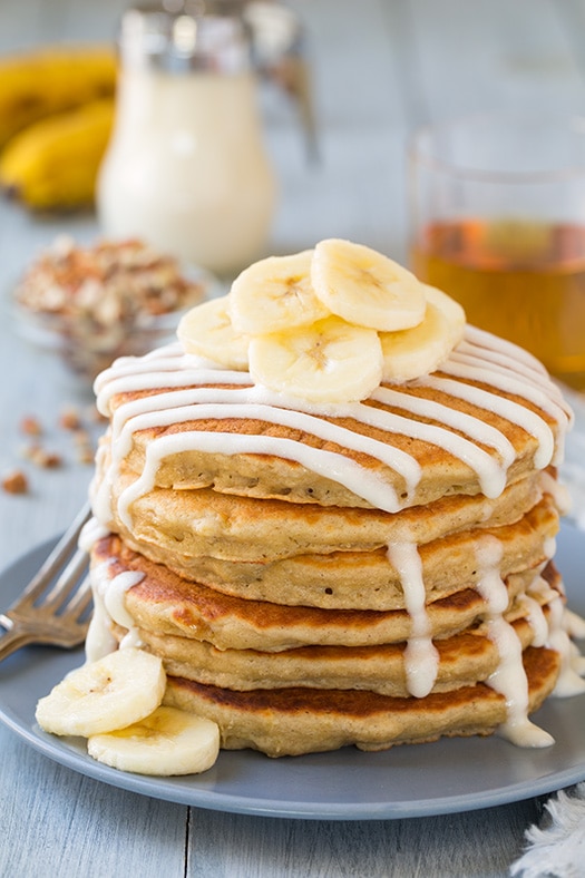 Irresistible Breakfast Fusion: Banana Bread Pancakes with Cream Cheese Glaze